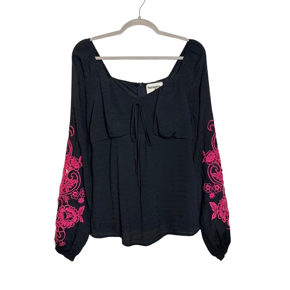 Savanna Jane Black Pink Embroidered Eyelet Balloon‎ Sleeve Peasant Blouse Small